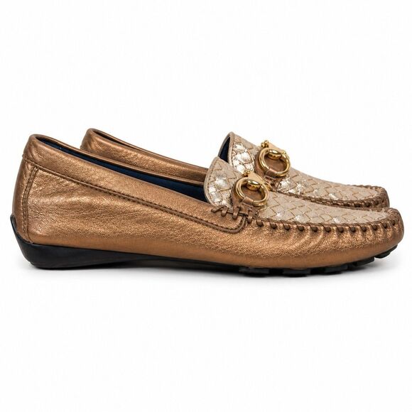Robert Zur Shoes - Robert Zur Womens 8.5 Metallic Bronze Gold Woven Leather Driving Loafers Flats